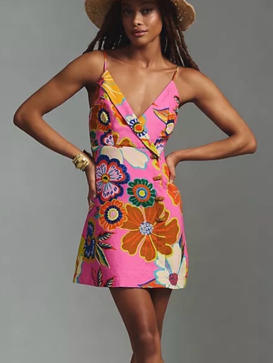 FARM Rio Dresses & Skirts - FARM Rio Pink Linen Floral Wrap-Style Mini Dress